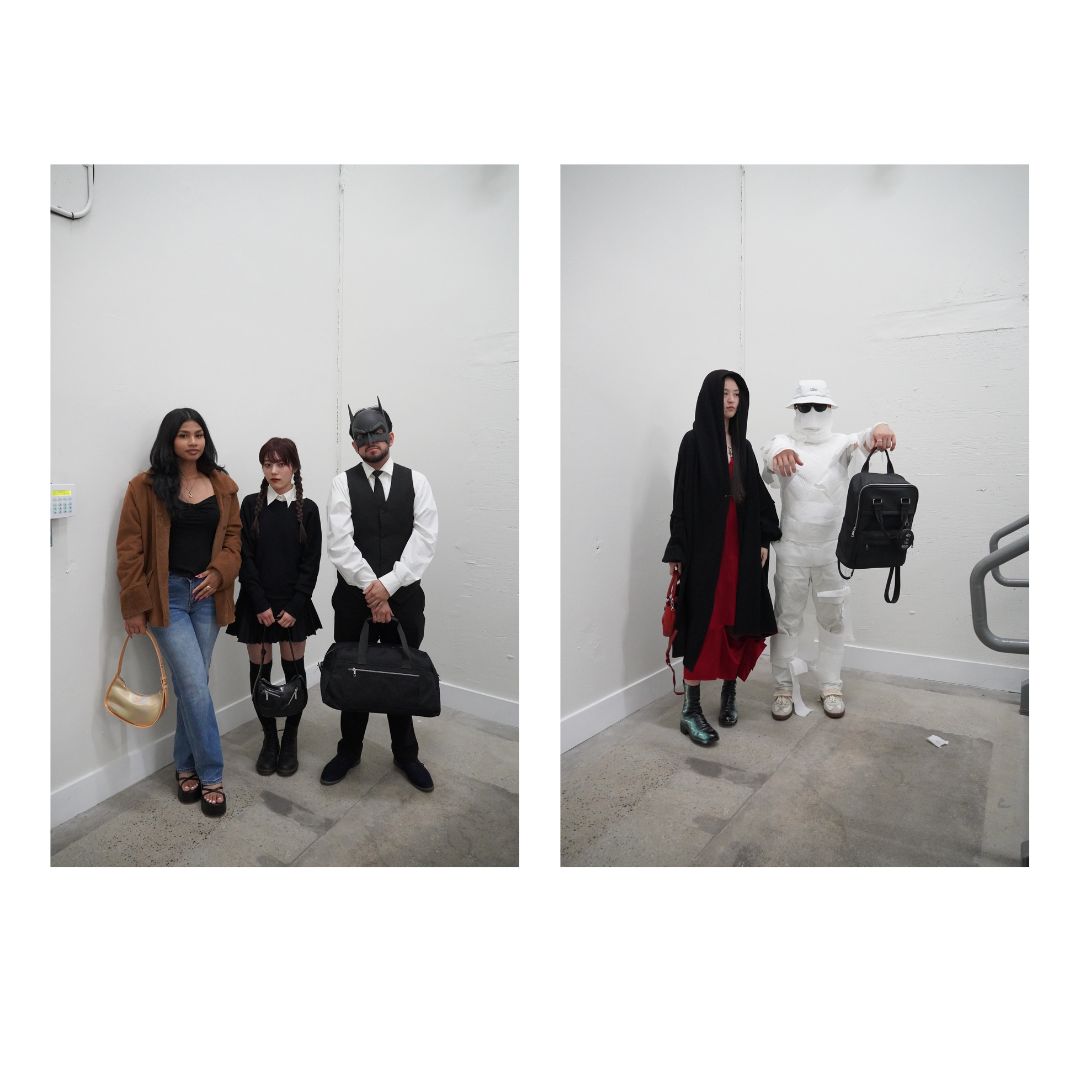 Five people wearing Halloween costumes, each holding a different bag.