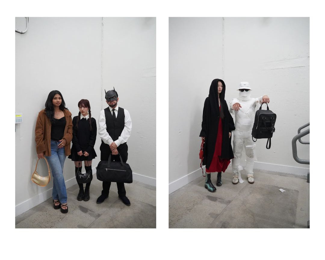 Five people wearing Halloween costumes, each holding a different bag.