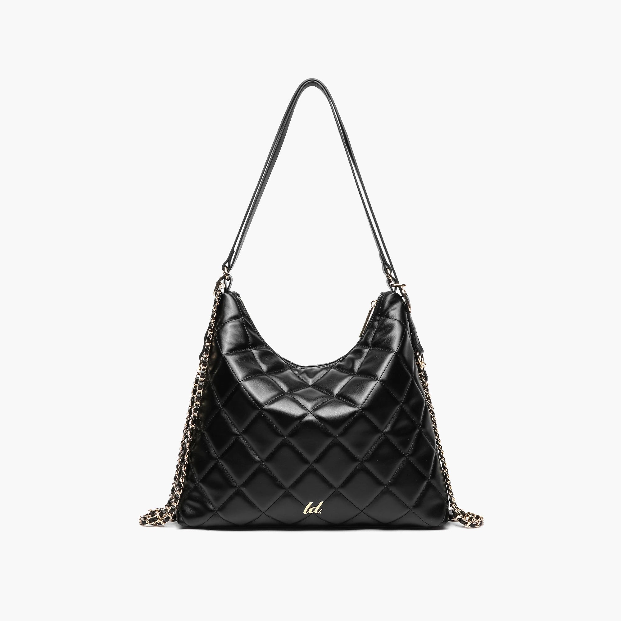 Black quilted puffer shoulder bag with gold chain straps, sleek leather finish, and small gold 'ld' logo on the front