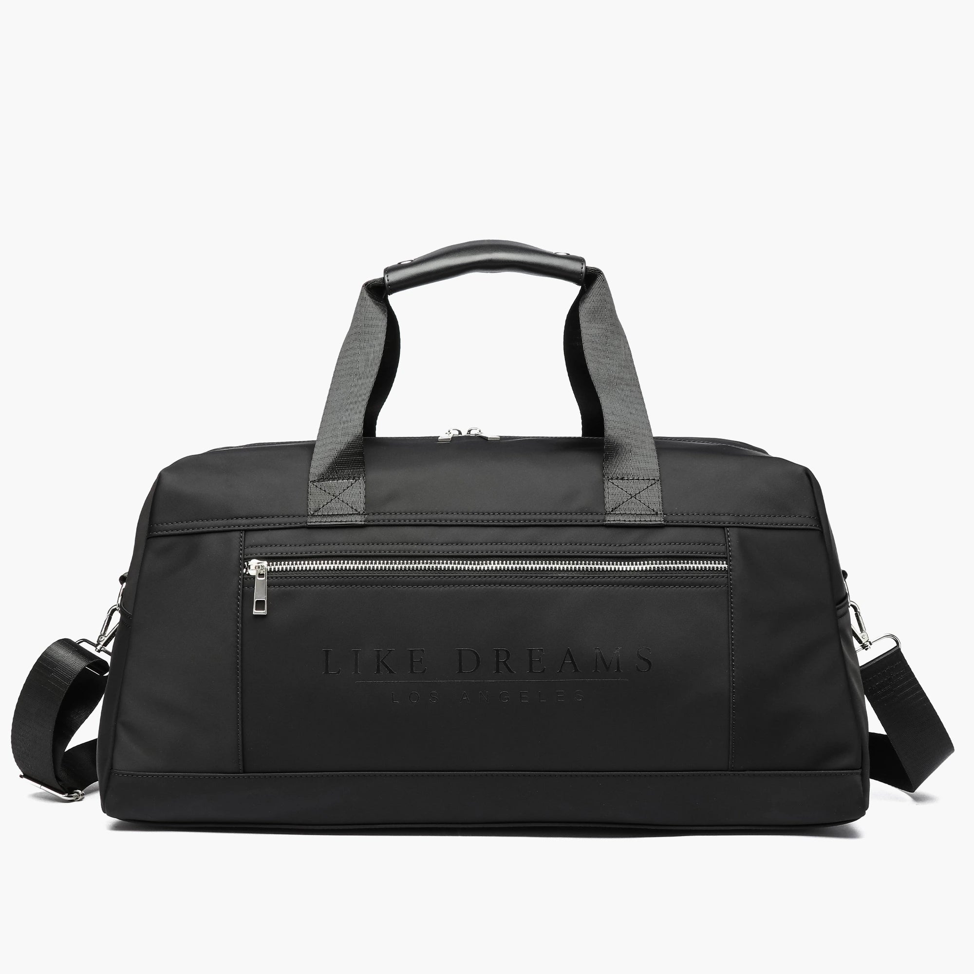 Black puffer duffle bag designed for extra roominess, featuring wide straps for plush shoulder comfort and multiple pockets for organization.