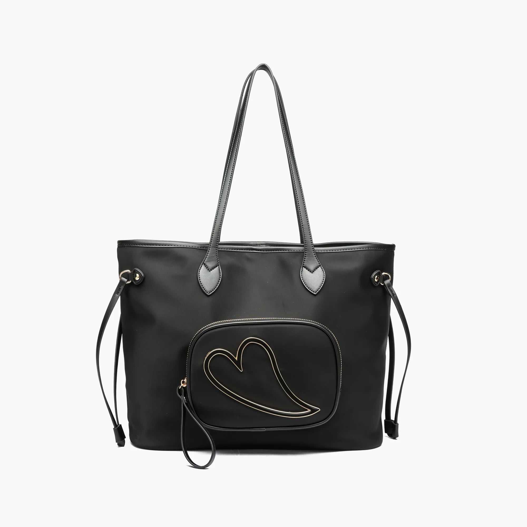 Black power puffer tote bag with a detachable wristlet front pocket, featuring a heart image for added style and function.