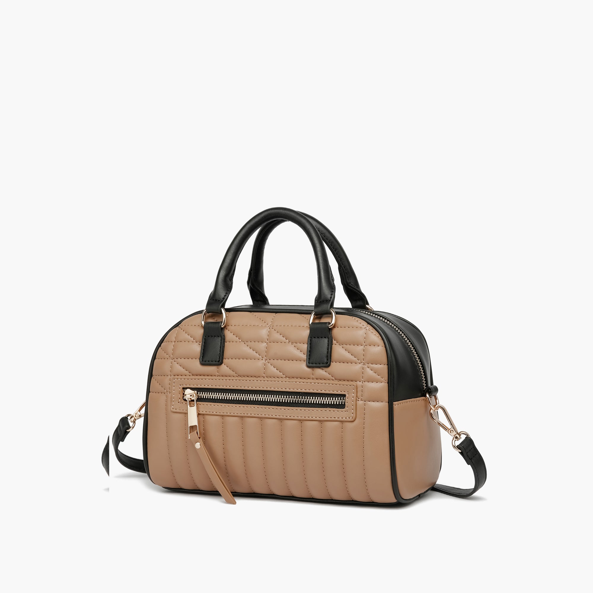 Dark Taupe Leather Kiss Lock Closure Handbag With Adjustable